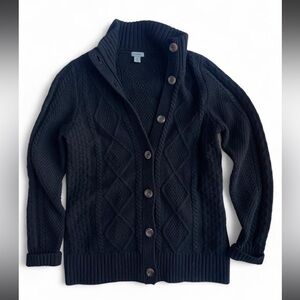 L.L. Bean‎ True Vintage Merino Wool Blend Black cable knit cardigan with buttons